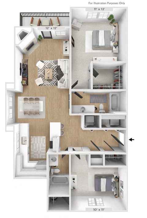 Floor plan for 2 beds, 2 baths, 1051 sqft